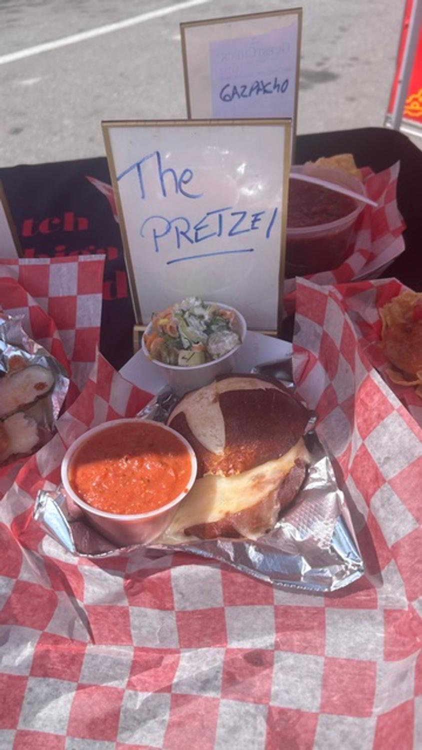 The Pretzel grilled cheese with tomato dipping soup and a side salad